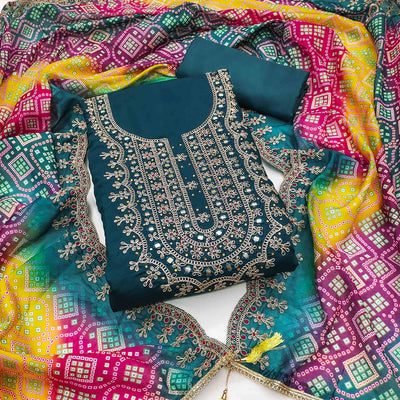 Morpich Floral Embroidery With Stonework Roman Cotton Silk Dress Material
