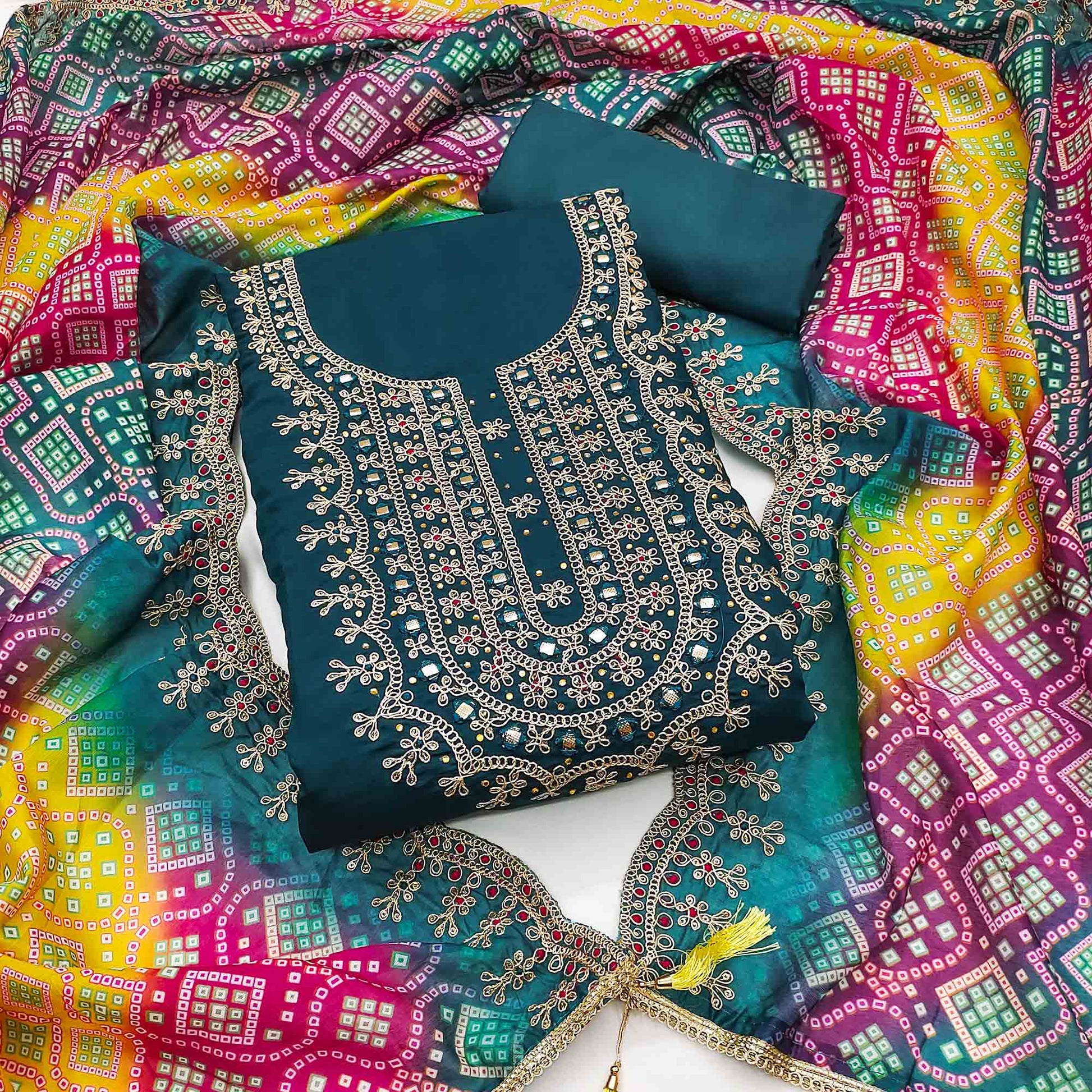 Morpich Floral Embroidery With Stonework Roman Cotton Silk Dress Material