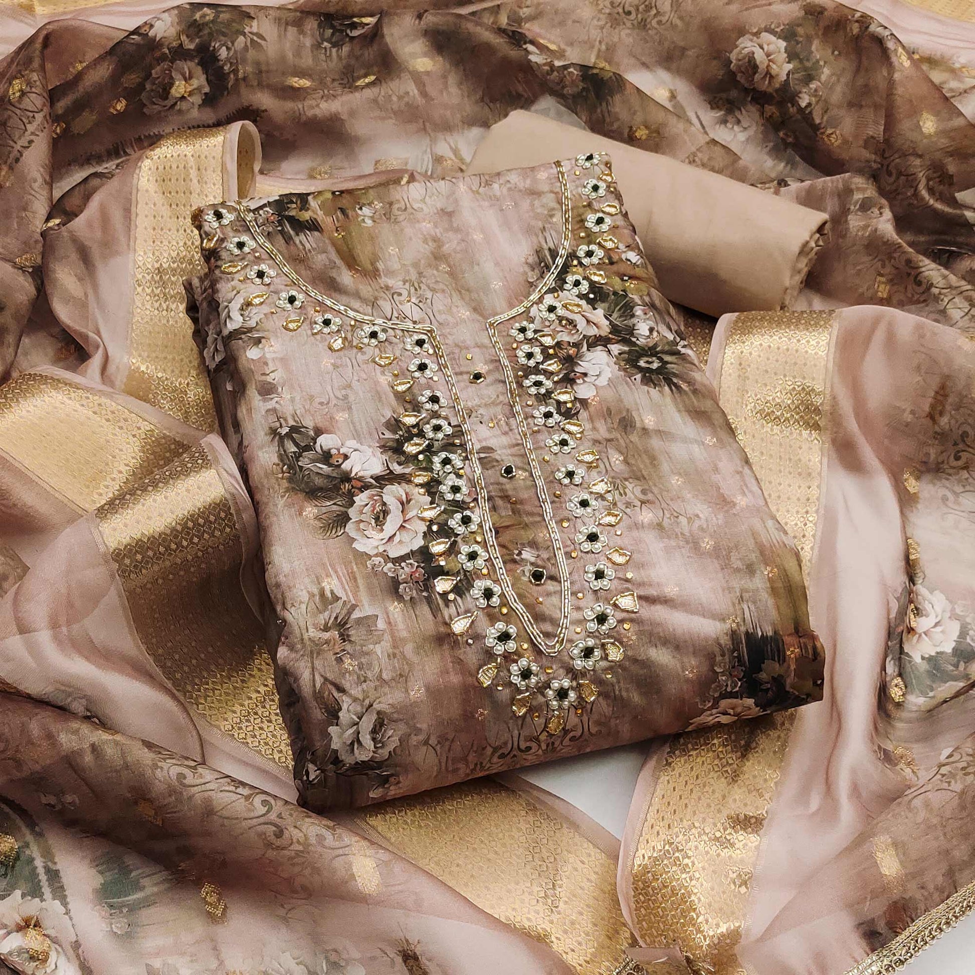 Brown Floral Printed With Handwork Muslin Dress Material