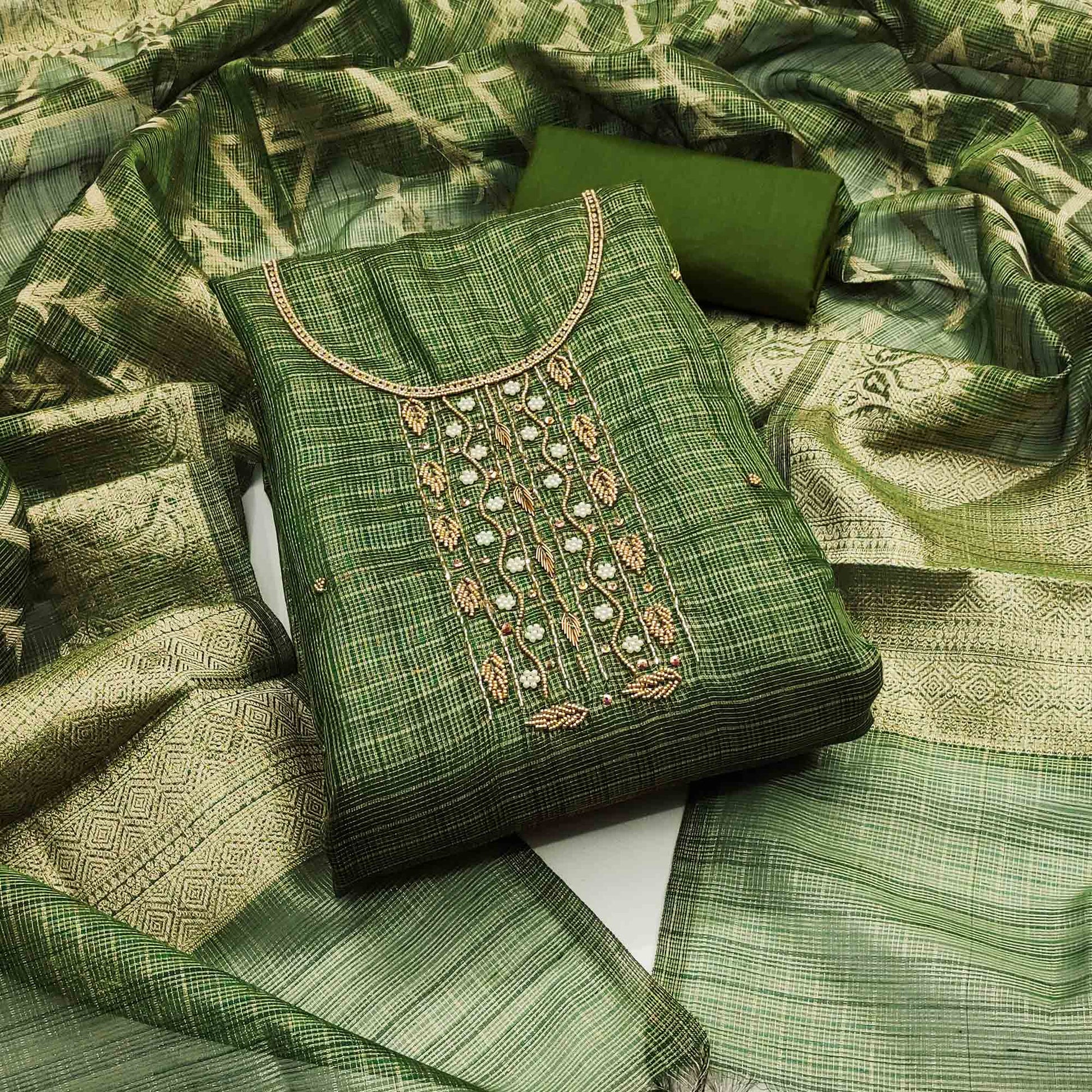 green-floral-handwork-with-woven-viscose-dress-material
