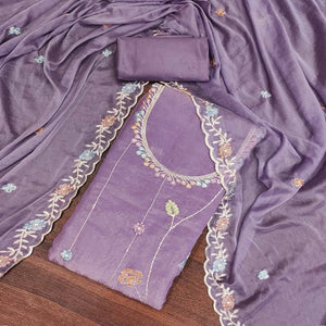 Lavender Floral Sequins Embroidered Viscose Golden Crush Dress Material