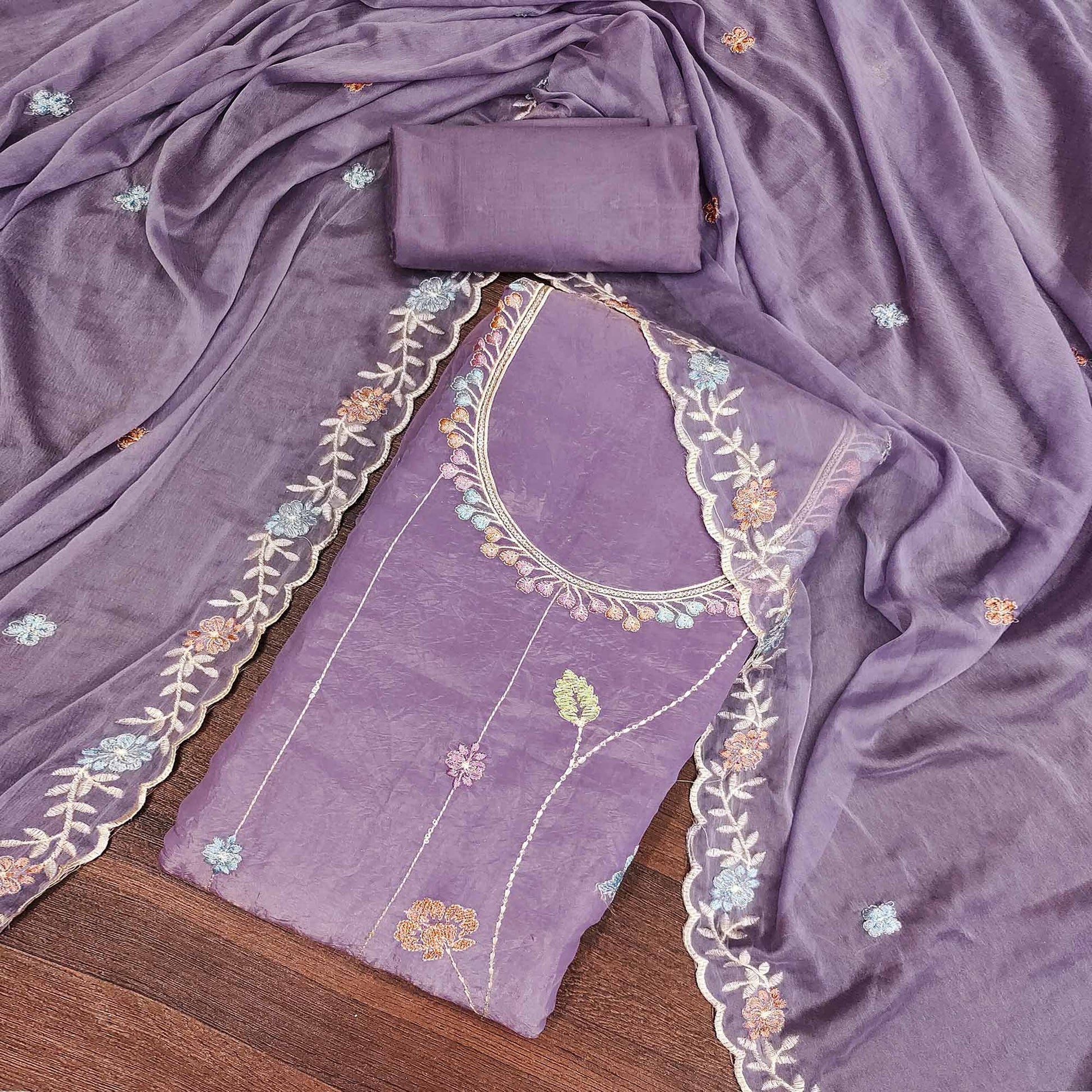 Lavender Floral Sequins Embroidered Viscose Golden Crush Dress Material