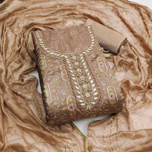 Chikoo Floral Sequins Embroidery With Handwork Organza Dress Material