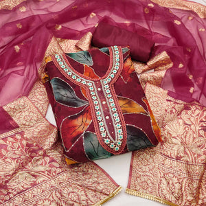Maroon Floral Printed With Hand Embroidered Organza Dress Material