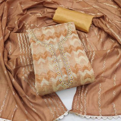Brown Printed With Handwork Chanderi Silk Dress Material
