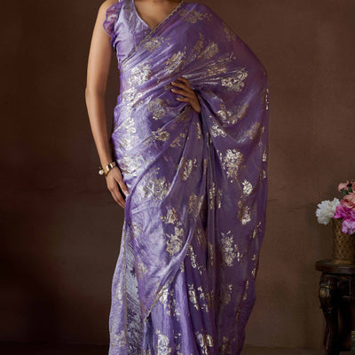 Lavender Floral Foil Printed Satin Silk Saree With Zarkan Border