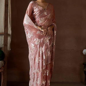 Dusty Rose Pink Floral Foil Printed Satin Silk Saree With Zarkan Border