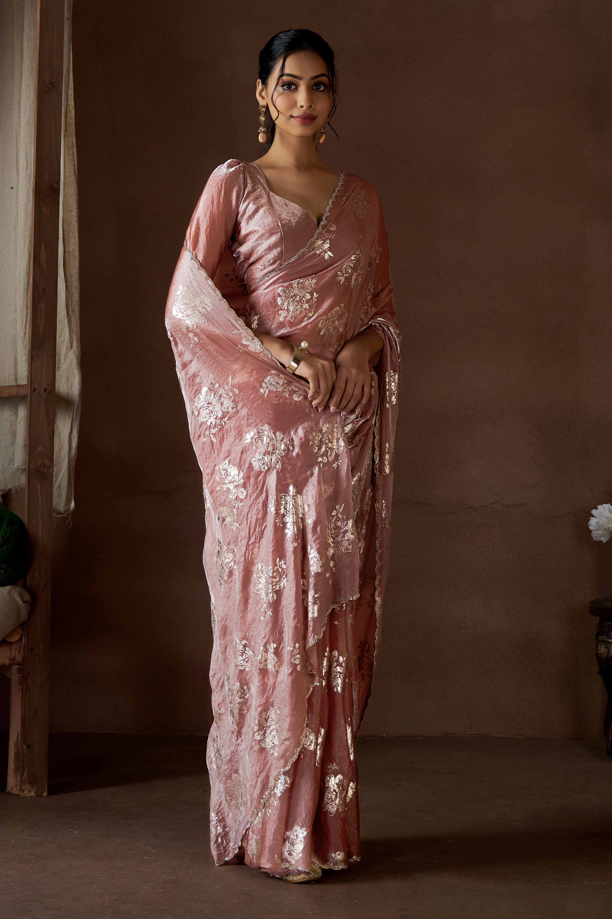 Dusty Rose Pink Floral Foil Printed Satin Silk Saree With Zarkan Border