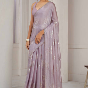 Lavender Floral Printed Stone Work Satin Saree