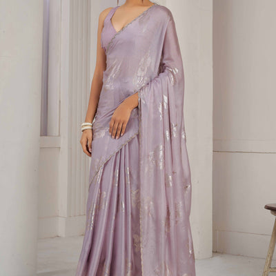 Lavender Floral Printed Stone Work Satin Saree