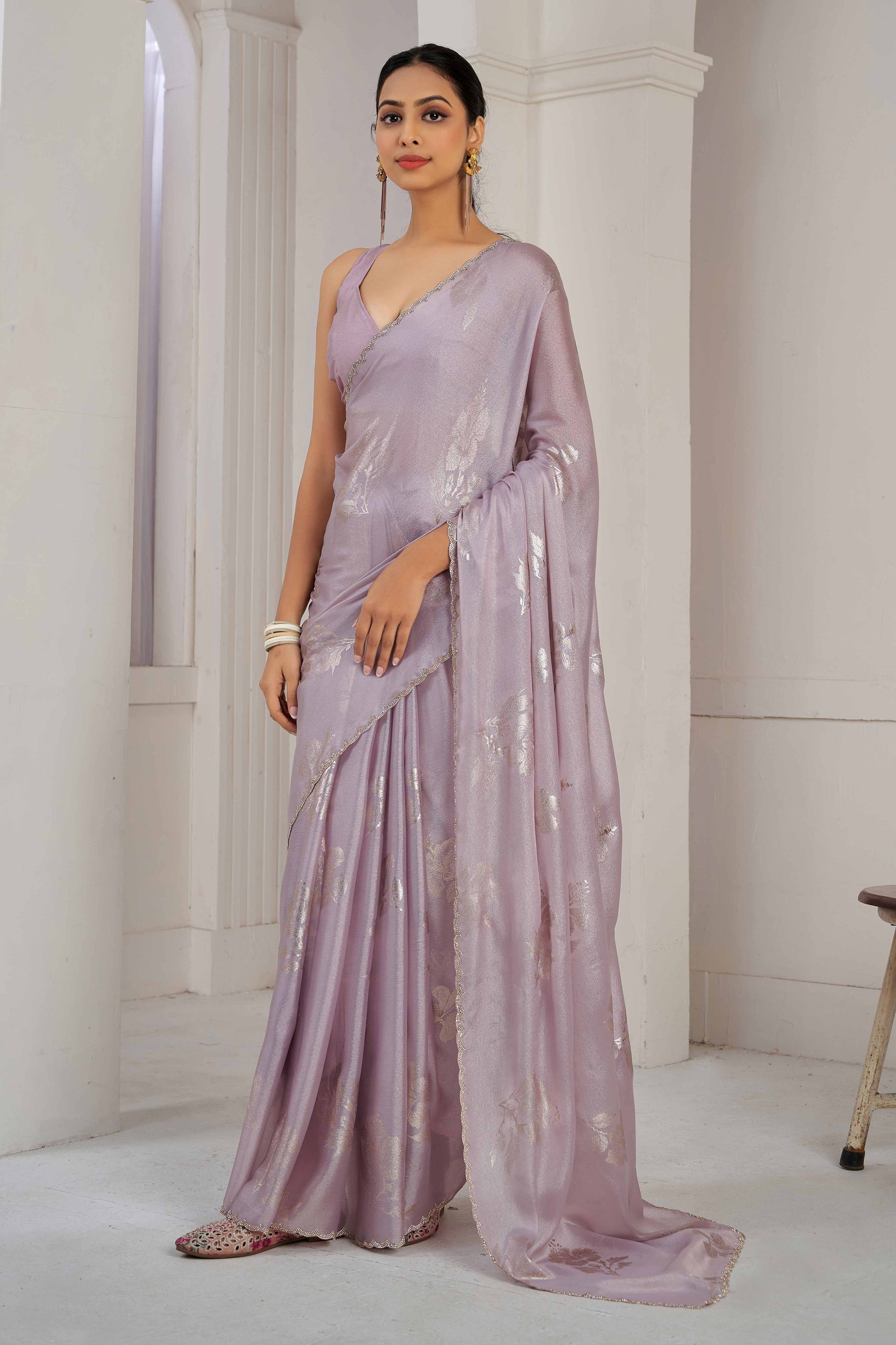 Lavender Floral Printed Stone Work Satin Saree