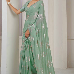 green-floral-printed-stone-work-satin-saree