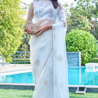 Light Blue Stone Work Embroidered Organza Saree