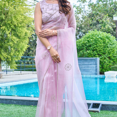Lavender Stone Work Embroidered Organza Saree