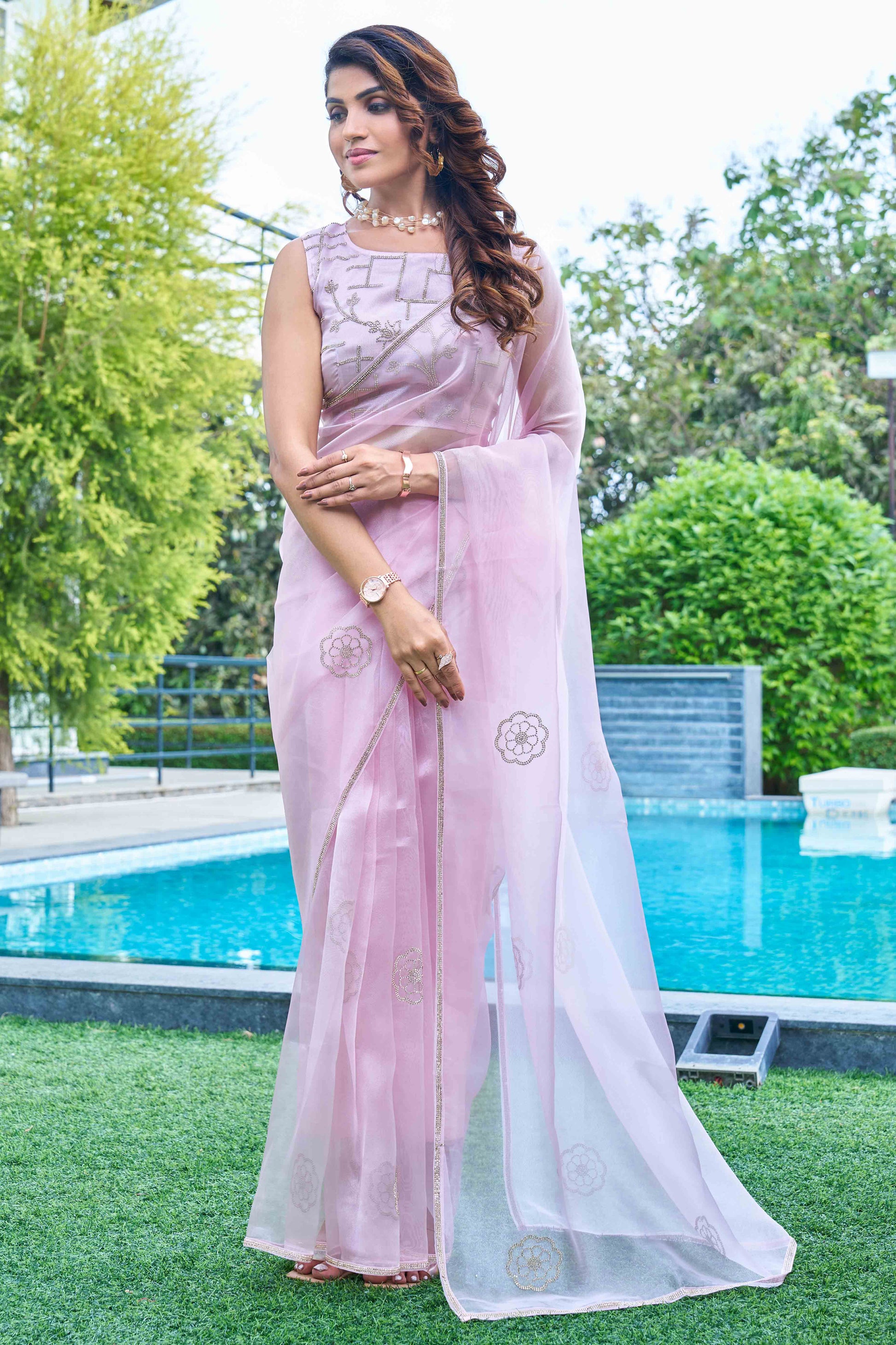 Lavender Stone Work Embroidered Organza Saree