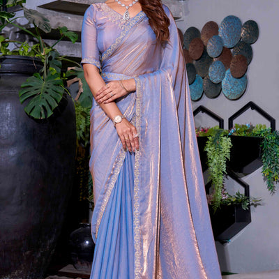 Lavender Stone Work Embroidered Satin Silk Saree