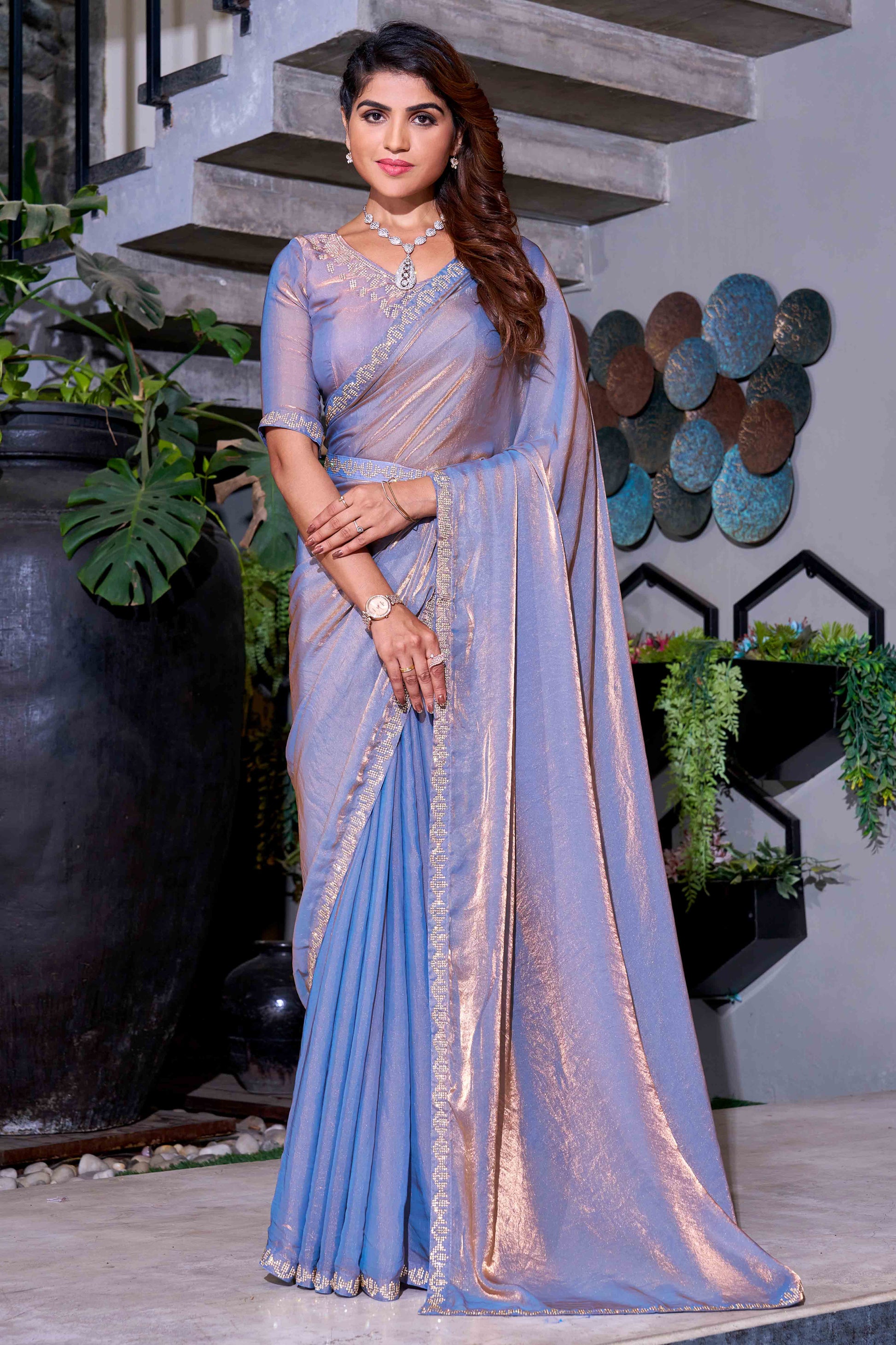 Lavender Stone Work Embroidered Satin Silk Saree