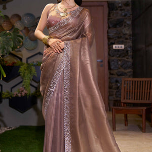 Brown Solid With Zarkan Work Organza Saree