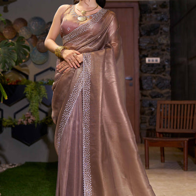 Brown Solid With Zarkan Work Organza Saree