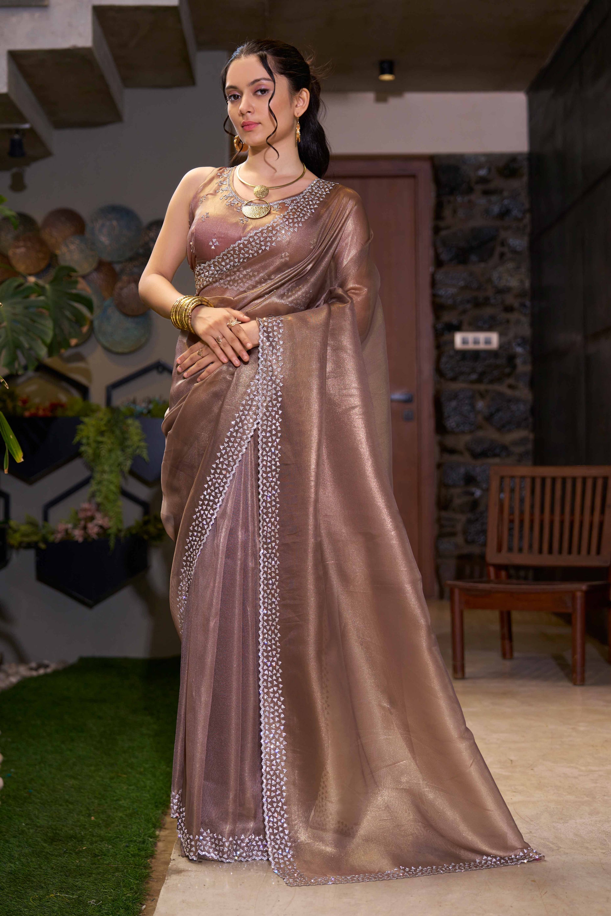 Brown Solid With Zarkan Work Organza Saree