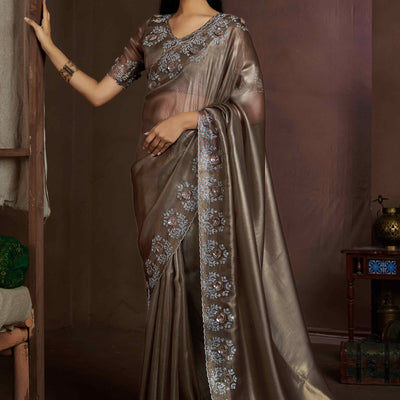 Dark Beige Floral Sequins With Zarkan Work Organza Saree