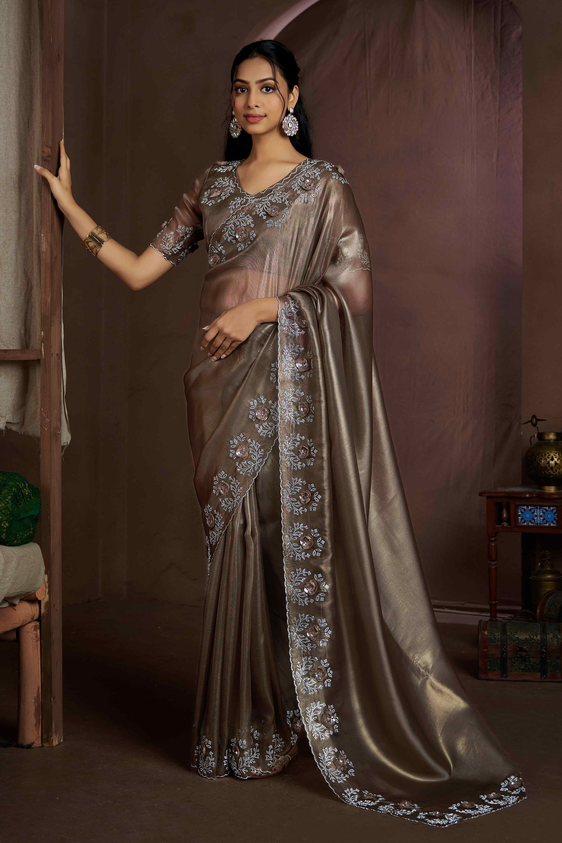 Dark Beige Floral Sequins With Zarkan Work Organza Saree