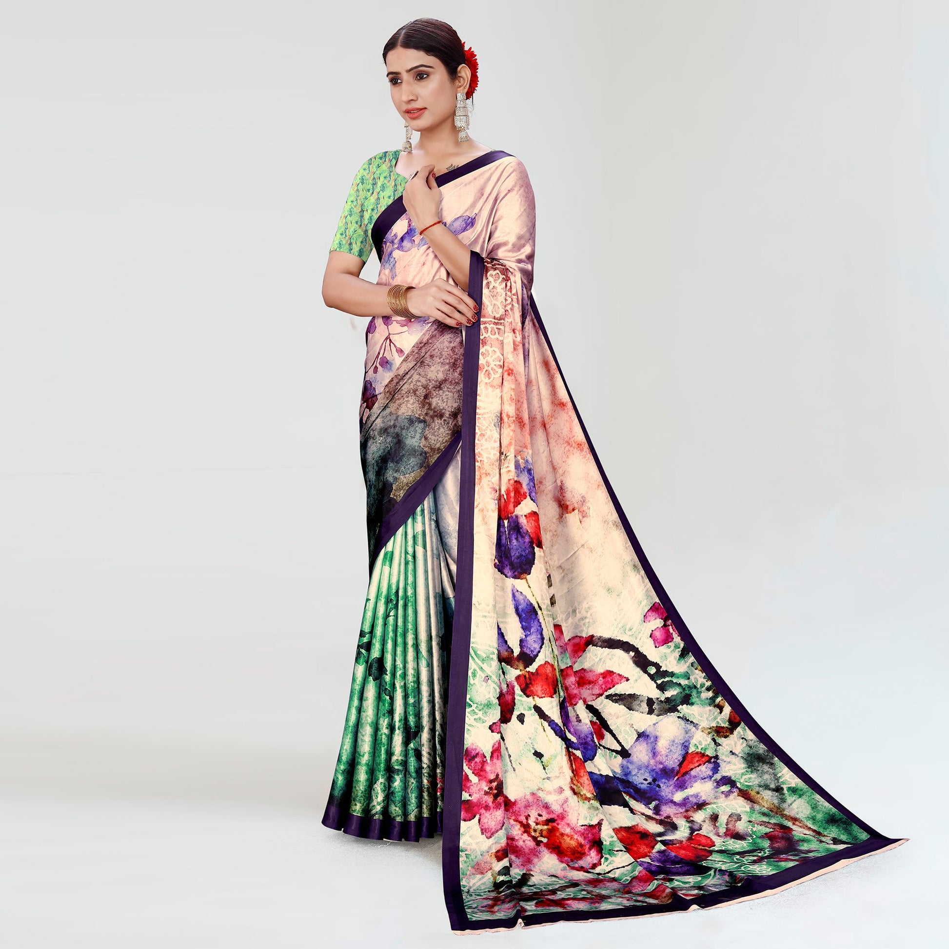 Multicolor Digital Printed Satin Saree