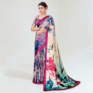 Multicolor Digital Printed Satin Saree