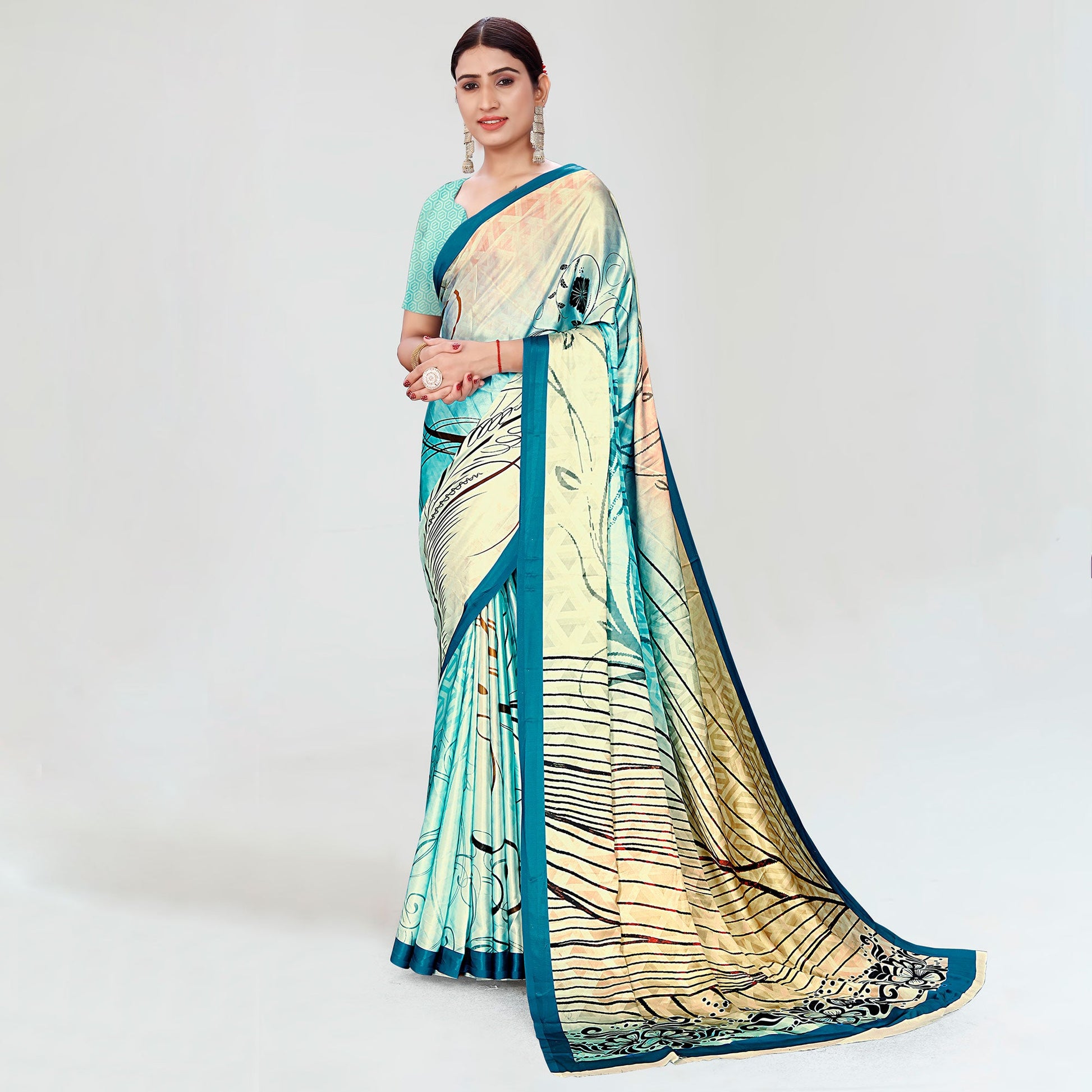 Multicolor Digital Printed Satin Saree