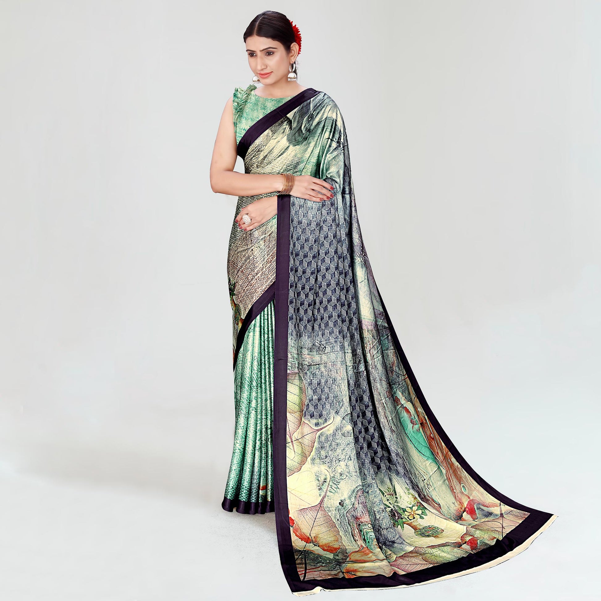 Multicolor Digital Printed Satin Saree