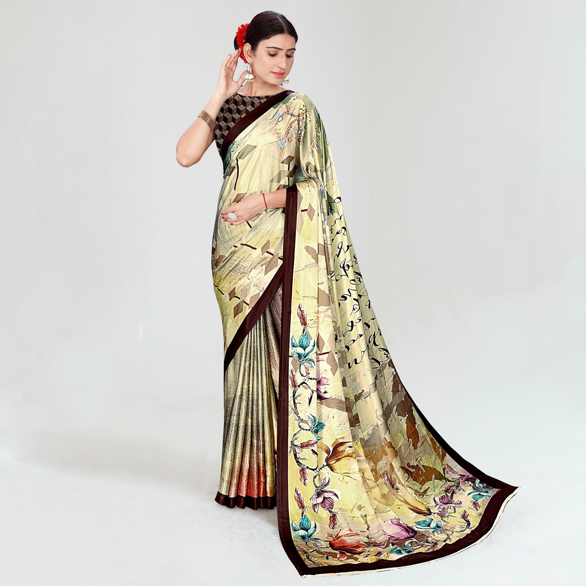 Multicolor Digital Printed Satin Saree
