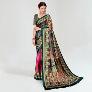 Multicolor Digital Printed Satin Saree