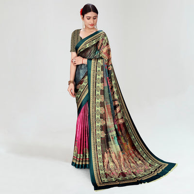 Multicolor Digital Printed Satin Saree