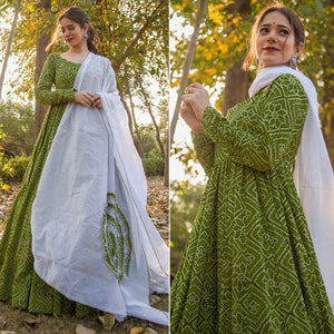 green-bandhani-printed-rayon-gown-with-dupatta