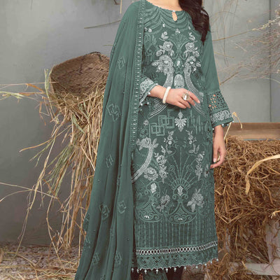 Dusty Green Floral Embroidered Heavy Georgette Dress Material