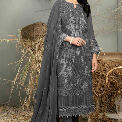 Dark Grey Floral Embroidered Heavy Georgette Dress Material