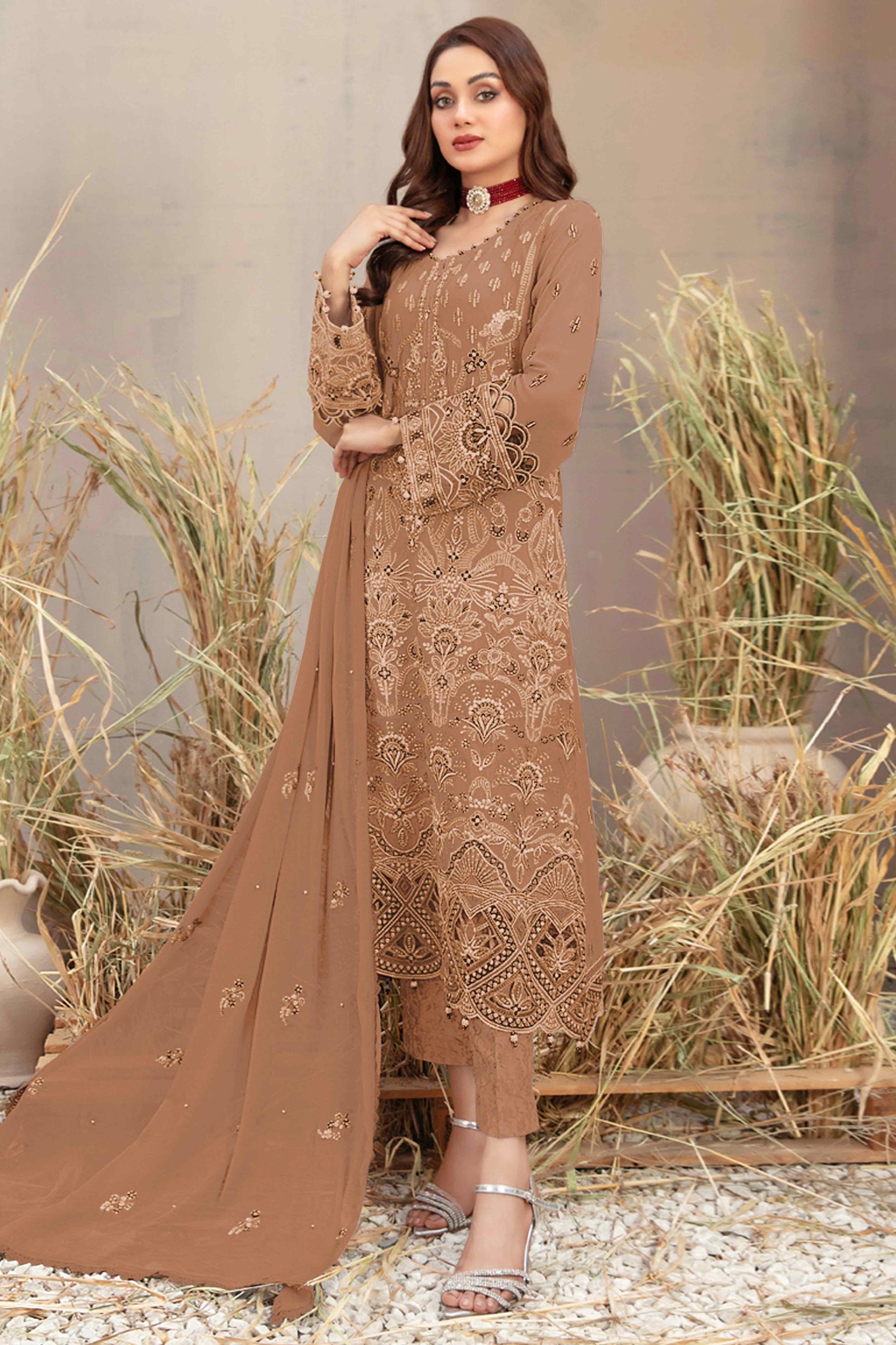 Chikoo Floral Embroidered Heavy Georgette Dress Material
