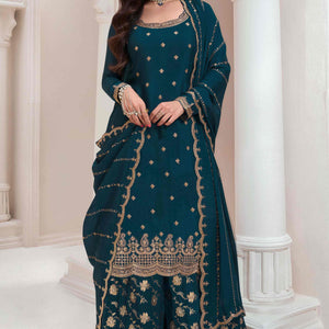 Dark Teal Floral Sequins Embroidered Chinon Palazzo Suit