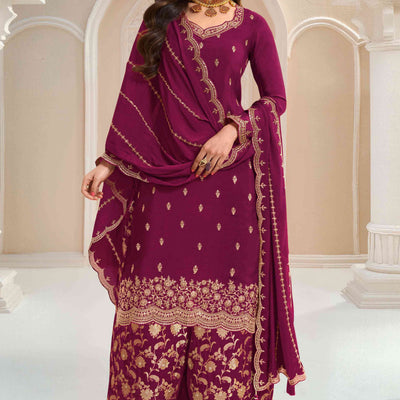 Dark Magenta Floral Sequins Embroidered Chinon Palazzo Suit