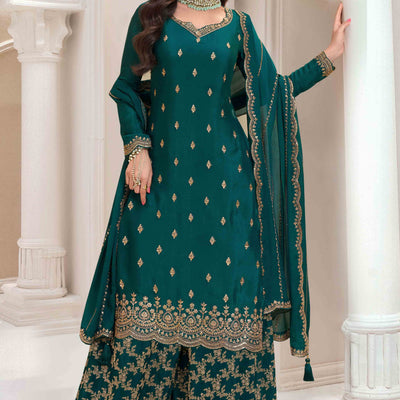 Dark Rama Blue Floral Sequins Embroidered Chinon Palazzo Suit