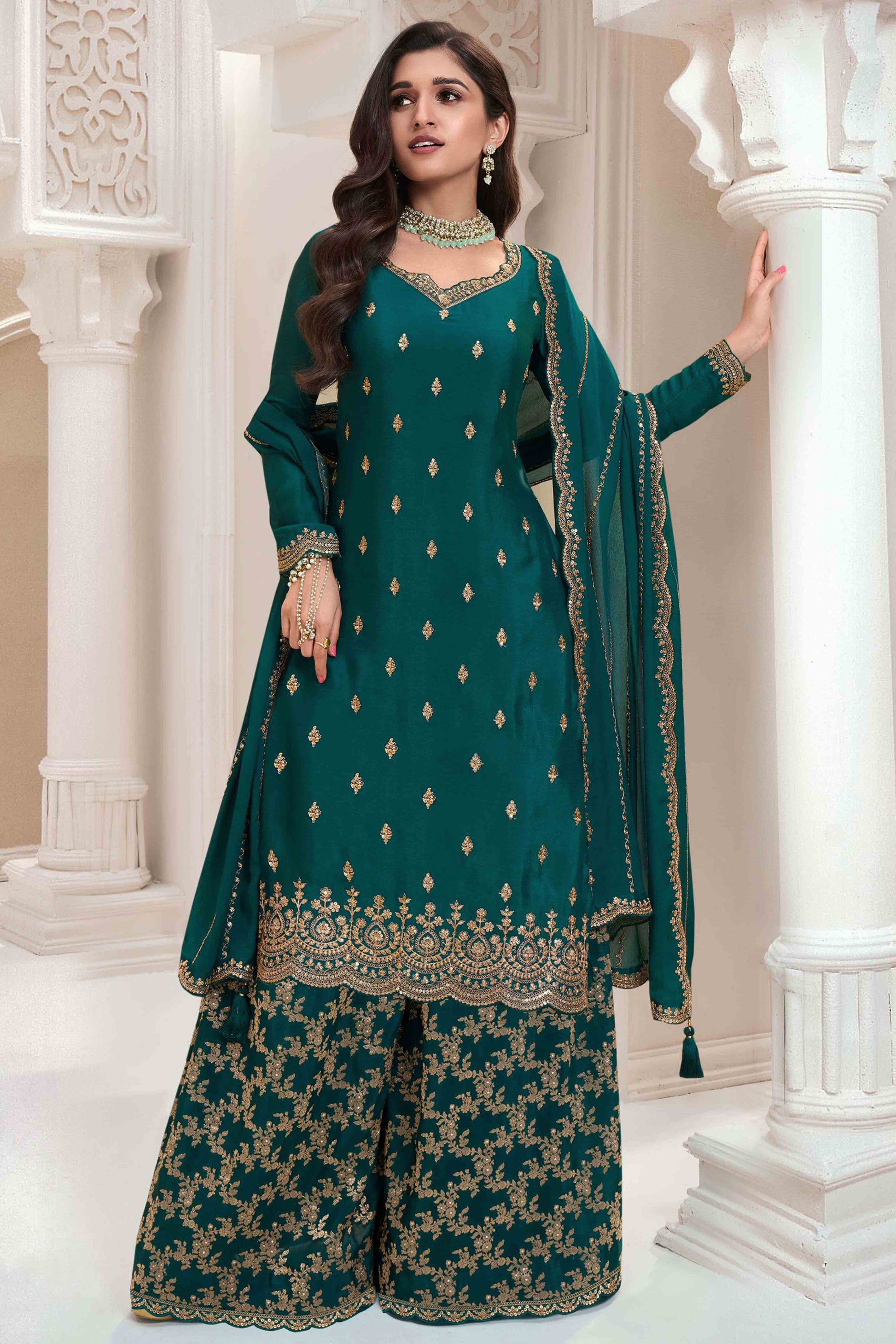 Dark Rama Blue Floral Sequins Embroidered Chinon Palazzo Suit