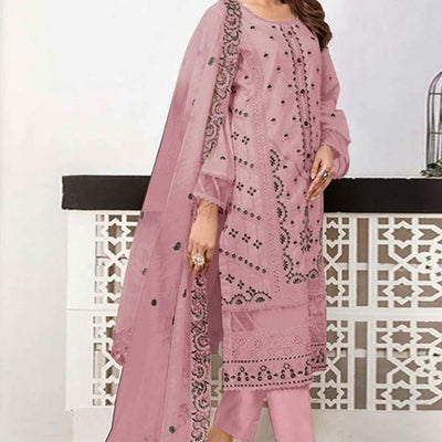 Dusty Pink Heavy Embroidered Work Georgette Dress Material