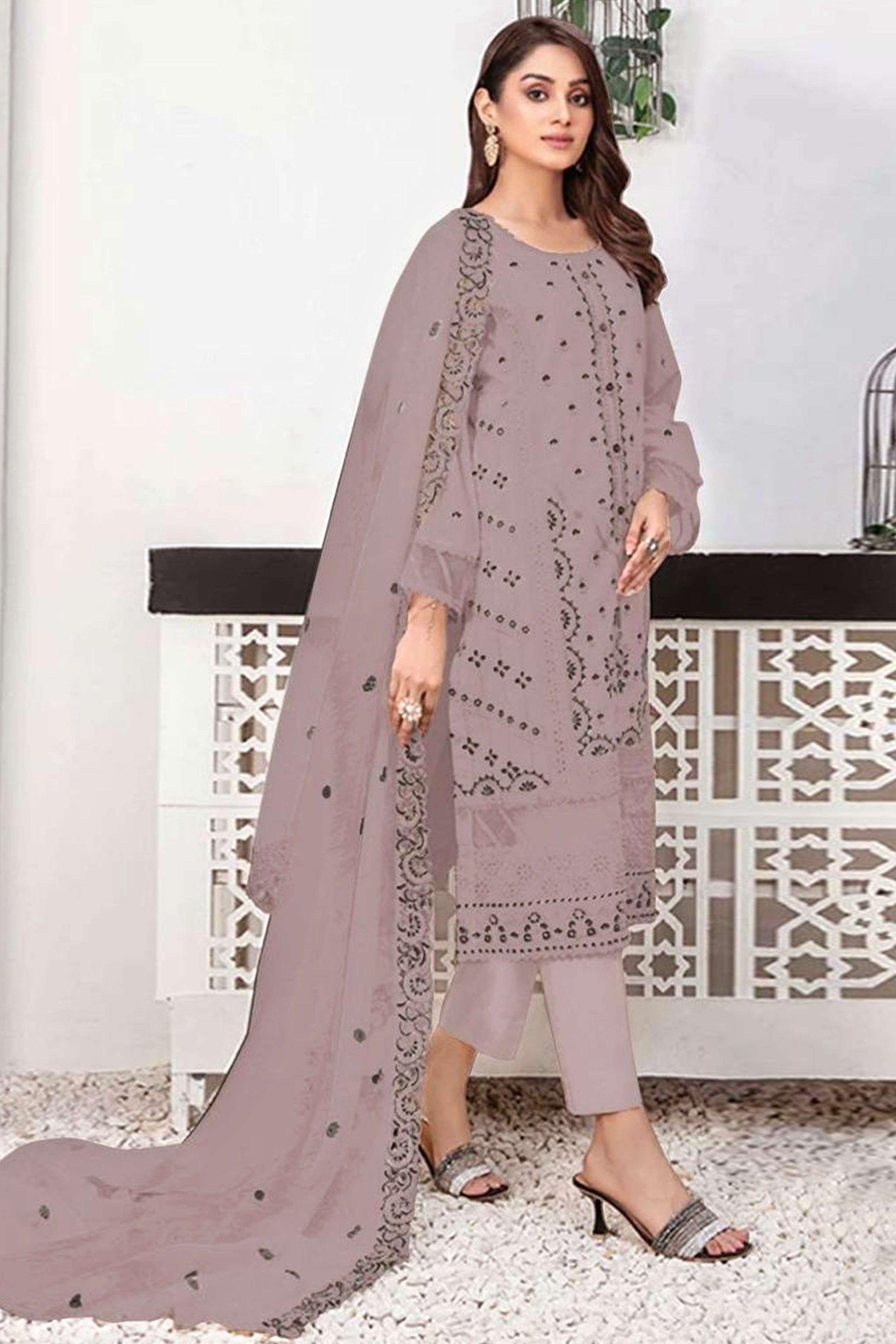 Dusty Mauve Heavy Embroidered Work Georgette Dress Material