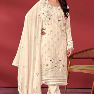 Cream Heavy Embroidered Work Georgette Dress Material