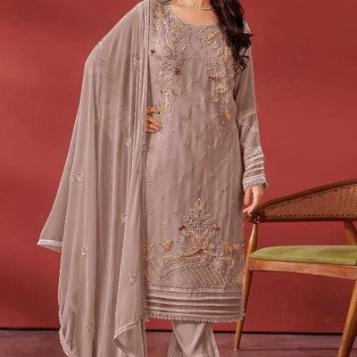Brown Heavy Embroidered Work Georgette Dress Material
