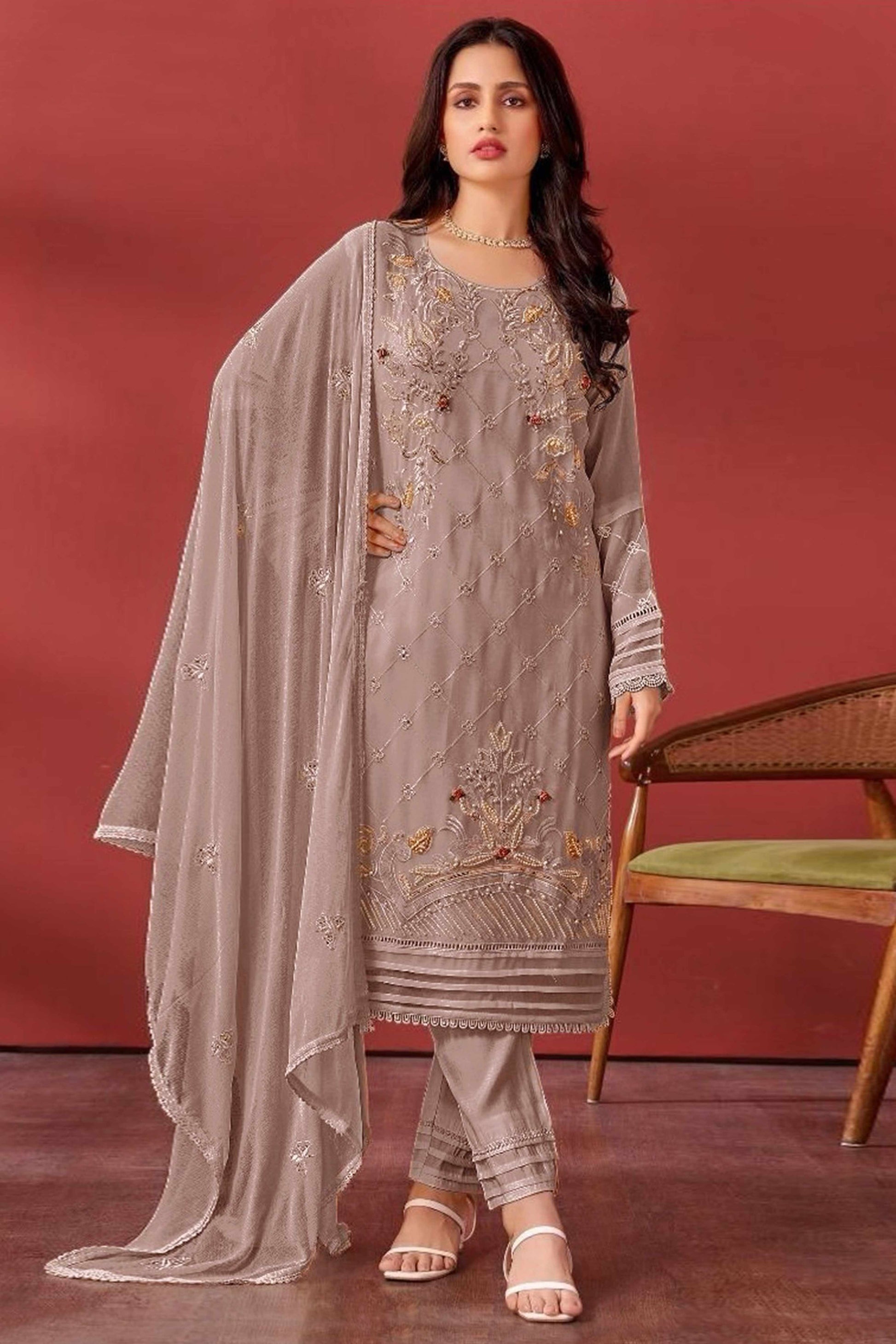 Brown Heavy Embroidered Work Georgette Dress Material
