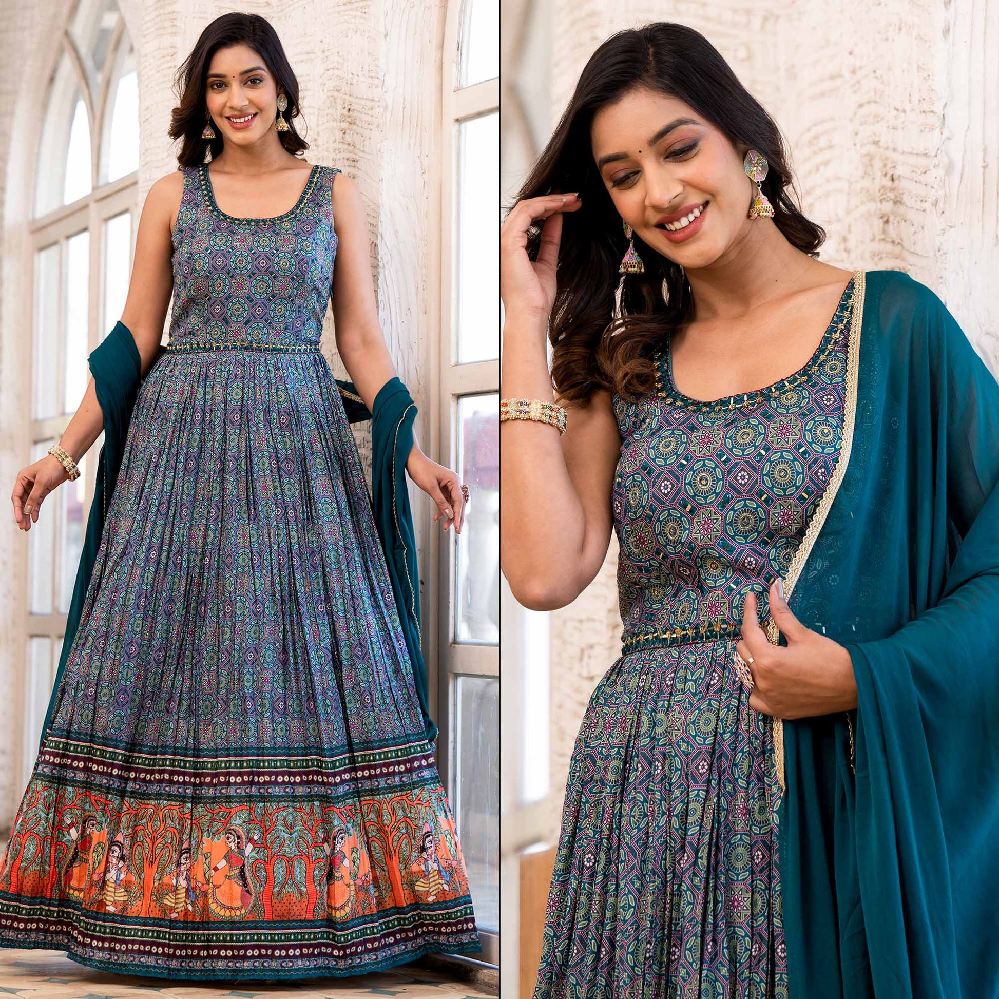 Morpich Blue Printed Dola Silk Anarkali Style Gown With Mirror Work