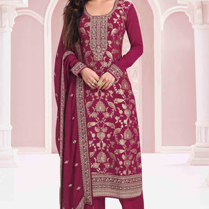 Magenta Weaving With Sequins Work Dola Silk Dress Material