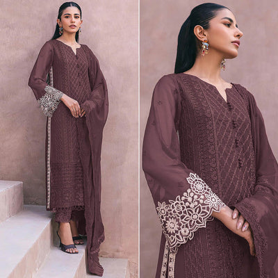 Brown Sequins Embroidered Georgette Dress Material