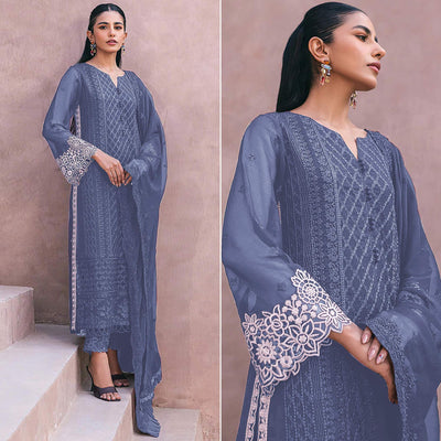 Bluish Grey Sequins Embroidered Georgette Dress Material